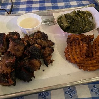 The Blue Pig - Burnt ends with sweet potato waffle fries and collard greens. - American Near Me - Cookeville, Tennessee The Blue Pig - Burnt ends with sweet potato waffle fries and collard greens. - American Near Me - Cookeville, Tennessee