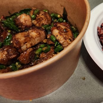 Holy Basil - Gra Pow with Moo Krob - a stir-fry (gra pow) of pork belly (moo krob) and long beans with purple rice - Thai Near Me - Los Angeles, California Holy Basil - Gra Pow with Moo Krob - a stir-fry (gra pow) of pork belly (moo krob) and long beans with purple rice - Thai Near Me - Los Angeles, California