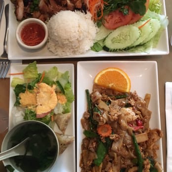 Pho Basil - Chicken rice plate (top) and drunken noodles lunch combo (bottom) - Vietnamese Near Me - Boston, Massachusetts