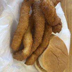Fuzzy's Wholesale Bar-B-Que - Chopped sandwich with large order hush puppy