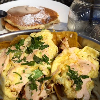 Alexanders Cafe - Chilaquiles and a short stack of pancakes with cinnamon butter - Breakfast & Brunch Near Me - Saint Charles, Illinois