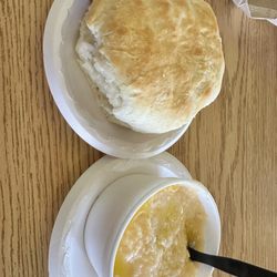 Chicken biscuit and cheese grits