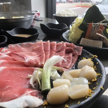 Yoshi Shabu Shabu - Pick three meats: choice ribeye, pork, scallops, plate of veggies and udon - Japanese Near Me - Plano, Texas Yoshi Shabu Shabu - Pick three meats: choice ribeye, pork, scallops, plate of veggies and udon - Japanese Near Me - Plano, Texas