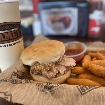 Stamey's Barbecue - Sliced Pork Barbecue sandwich with Hushpuppies and a Cheerwine. Also with the Chicken Dip - Barbeque Near Me - Greensboro, North Carolina Stamey's Barbecue - Sliced Pork Barbecue sandwich with Hushpuppies and a Cheerwine. Also with the Chicken Dip - Barbeque Near Me - Greensboro, North Carolina
