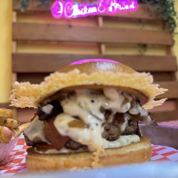 Chicken & Brisket - Truffle Mushroom Burger...super juicy and yummy! - Asian Fusion Near Me - Pearl City, Hawaii Chicken & Brisket - Truffle Mushroom Burger...super juicy and yummy! - Asian Fusion Near Me - Pearl City, Hawaii