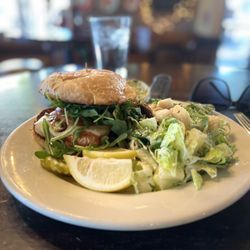 Brother Jon's Alehouse - Cajun Salmon Sandwich with a side ceasar
