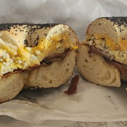 Bagelville - Bacon, egg, scrambled egg on a toasted poppy bagel.