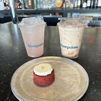 Slowpokes - Strawberry lemonade, lavender iced chai latte, and red velvet mini cake from Becca's Bakery. - Bars Near Me - Houston, Texas Slowpokes - Strawberry lemonade, lavender iced chai latte, and red velvet mini cake from Becca's Bakery. - Bars Near Me - Houston, Texas