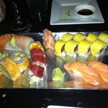 Coast Sushi Bar - Rainbow roll, shrimp tempura roll, Sunrise roll (mango, ginger tuna and mint - amazing!!), and salmon nigiri. Best sushi! - Sushi Bars Near Me - Chicago, Illinois