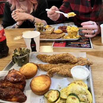 Gram's Mission BBQ - Got the catfish , greens, Mac and cheese, veggies, wings , fried okra and corn bread - Soul Food Near Me - Riverside, California
