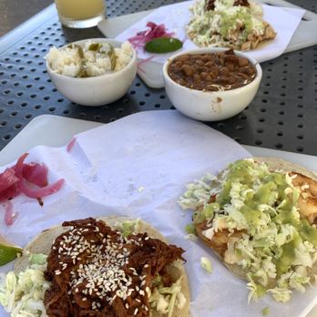 BOCA by Chef Maria Mazon - Front to back: Mole pollo, shrimp taco, green Chile rice, ranchero beans, pollo taco, and house Margarita. - Mexican Near Me - Tucson, Arizona BOCA by Chef Maria Mazon - Front to back: Mole pollo, shrimp taco, green Chile rice, ranchero beans, pollo taco, and house Margarita. - Mexican Near Me - Tucson, Arizona