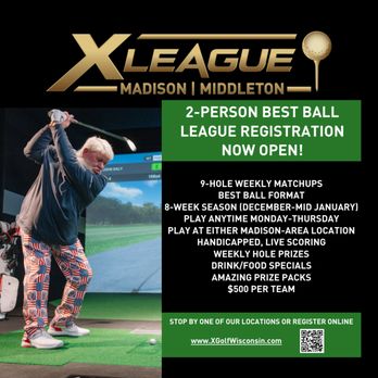 X-Golf Middleton - 2-Person League Registration now Open! Visit www.xgolfwisconsin.com for Details! - Golf Near Me - Middleton, Wisconsin X-Golf Middleton - 2-Person League Registration now Open! Visit www.xgolfwisconsin.com for Details! - Golf Near Me - Middleton, Wisconsin