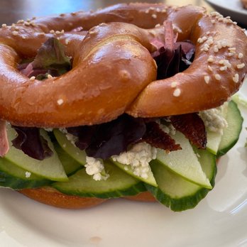 Fressen Artisan Bakery - Bacon, Cucumber, & Blue ($9) - Made with cucumbers, blue cheese spread, sliced apples, pickled onions, greens and warm bacon - Bakeries Near Me - Portland, Oregon Fressen Artisan Bakery - Bacon, Cucumber, & Blue ($9) - Made with cucumbers, blue cheese spread, sliced apples, pickled onions, greens and warm bacon - Bakeries Near Me - Portland, Oregon