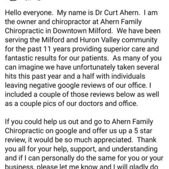 Ahern Family Chiropractic - Dr Ahern seeking positive business reviews from non patients. - Chiropractors Near Me - Milford Township, Michigan Ahern Family Chiropractic - Dr Ahern seeking positive business reviews from non patients. - Chiropractors Near Me - Milford Township, Michigan