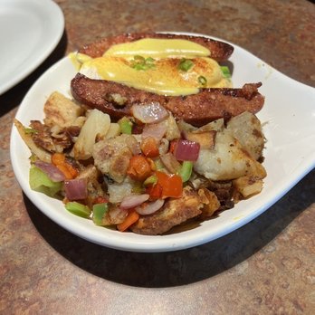 Huckleberry's - Cajun Benedict with potato's and Bayou style which came with Bell pepper and onions on potatoes. - Breakfast & Brunch Near Me - Roseville, California Huckleberry's - Cajun Benedict with potato's and Bayou style which came with Bell pepper and onions on potatoes. - Breakfast & Brunch Near Me - Roseville, California