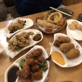 Sushi Taku - appetizer. top to bottom: [left] takoyaki, soft shell crab, chicken karaage [middle] tempura, fried oyster [right] sesame balls - Japanese Near Me - Chicago, Illinois