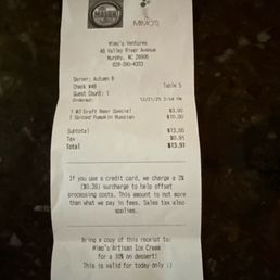 The actual receipt showing their $3 beer special price on Sundays