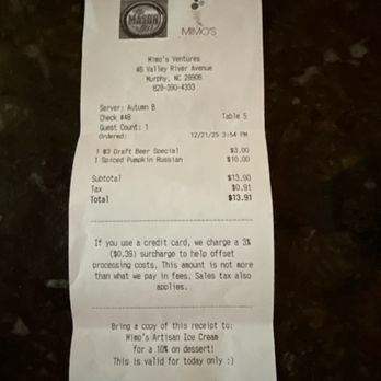 The Mason Bar - The actual receipt showing their $3 beer special price on Sundays - Salad Near Me - Murphy, North Carolina