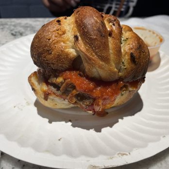 LA PIAZZA PIZZERIA AND RESTAURANT - Meatball slider on a garlic knot - Pizza Near Me - Brookfield, Connecticut