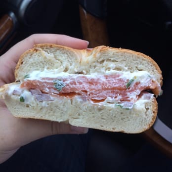 Bagels Plus - Asiago bagel with lox, red onion, and scallion cream cheese. - Bagels Near Me - Tampa, Florida
