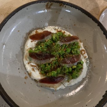 Manuela - Duck prosciutto with mashed English peas on a bed of cloumage cheese - New American Near Me - Los Angeles, California Manuela - Duck prosciutto with mashed English peas on a bed of cloumage cheese - New American Near Me - Los Angeles, California