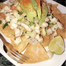 Del Mar  Seafood & Oyster Bar - Fresh ceviche, sprinkled with cayenne pepper served on a bed of chips and tostada. Extremely yummy