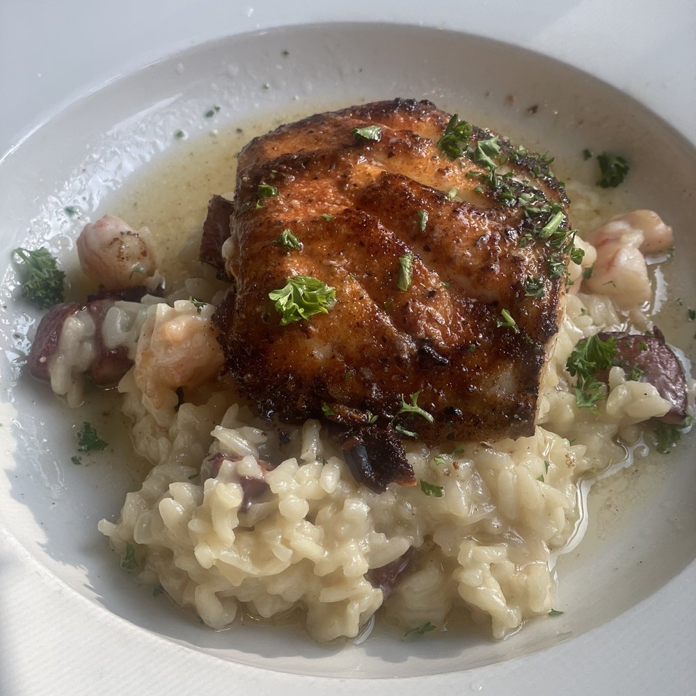 Rustic Table - Grouper with shrimp and sausage risotto - Southern Near Me - Pawleys Island, South Carolina Rustic Table - Grouper with shrimp and sausage risotto - Southern Near Me - Pawleys Island, South Carolina