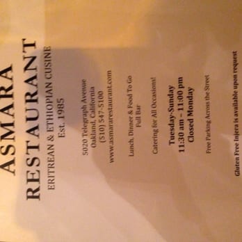 Asmara Restaurant - Sorry it's sideways front menu - Ethiopian Near Me - Oakland, California Asmara Restaurant - Sorry it's sideways front menu - Ethiopian Near Me - Oakland, California