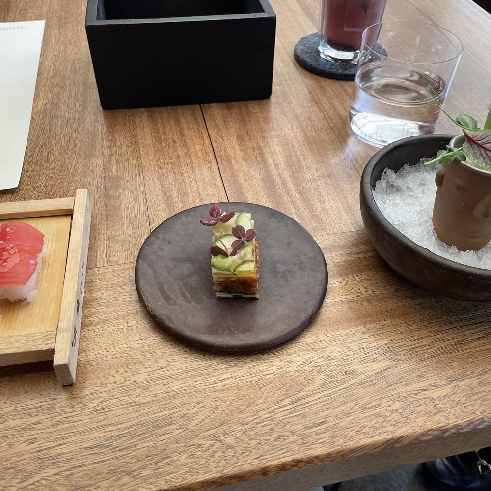 Sud 777 - Appetizers L to R: the smoked tomato nigiri, the fermented vegetable riñe, the cold vegetable broth - Mexican Near Me - Ciudad de Mexico, DIF Sud 777 - Appetizers L to R: the smoked tomato nigiri, the fermented vegetable riñe, the cold vegetable broth - Mexican Near Me - Ciudad de Mexico, DIF