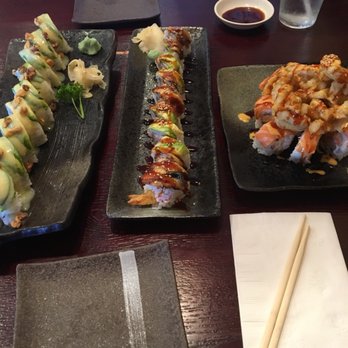 Kimono Sushi - Sushi Rolls from left to right: honey walnut prawn, dragon, Fuji Mountain - Sushi Bars Near Me - Tracy, California Kimono Sushi - Sushi Rolls from left to right: honey walnut prawn, dragon, Fuji Mountain - Sushi Bars Near Me - Tracy, California