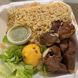 Luula Halal Restaurant and Grocery - Lamb, rice, spicy green sauce.