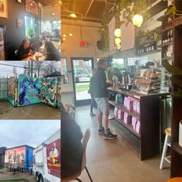 Inside Third Way and murals outside - The image shows the interior of a coffee shop with customers ordering at the counter and sitting at tables. The shop features hanging lights, indoor plants, and a menu board. Outside, colorful murals decorate a fence, and food trucks are parked nearby. The scene includes natural light from windows and a view of the street outside.