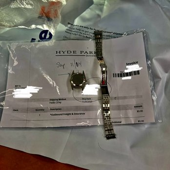 Hyde Park Jewelers - Opened at the FedEx counter. Receiving my Rolex disassembled, in multiple pieces, uninsured (as visible on invoice), in a plastic bag. - Jewelry Near Me - Denver, Colorado Hyde Park Jewelers - Opened at the FedEx counter. Receiving my Rolex disassembled, in multiple pieces, uninsured (as visible on invoice), in a plastic bag. - Jewelry Near Me - Denver, Colorado