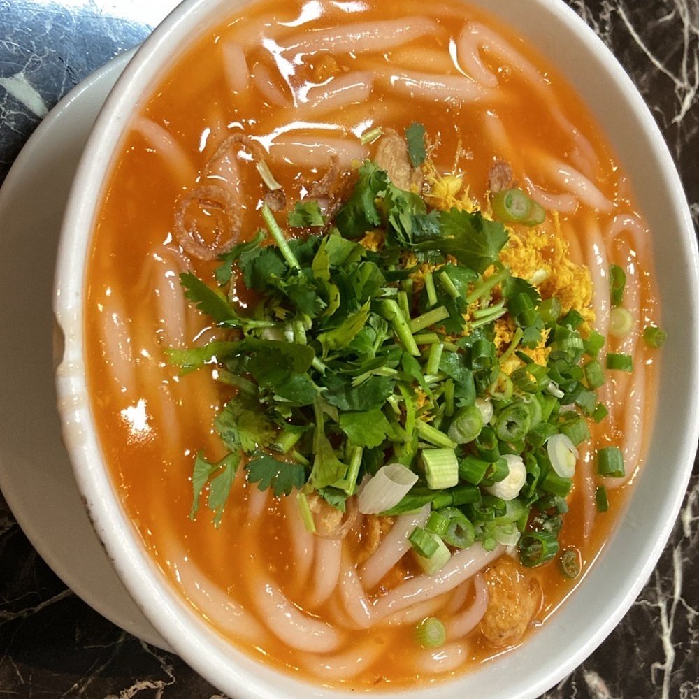 Banh Canh Cua (crab tapioca noodle soup/#71). Crab broth w/ crab meat, fried shrimp balls, shrimp, quail eggs, and sprout-shaped noodles. Banh Canh Cua (crab tapioca noodle soup/#71). Crab broth w/ crab meat, fried shrimp balls, shrimp, quail eggs, and sprout-shaped noodles.
