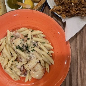 Pazza Notte - Panna e Pancetta with Shrimp and Calamari Fritti - Pizza Near Me - Sacramento, California Pazza Notte - Panna e Pancetta with Shrimp and Calamari Fritti - Pizza Near Me - Sacramento, California