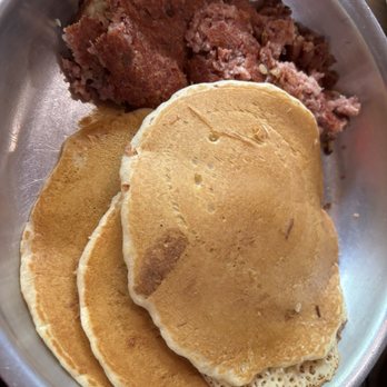 Hickory Valley Farm Restaurant - Homemade Corn beef hash with 3 large pancakes. - Breakfast & Brunch Near Me - Swiftwater, Pennsylvania Hickory Valley Farm Restaurant - Homemade Corn beef hash with 3 large pancakes. - Breakfast & Brunch Near Me - Swiftwater, Pennsylvania