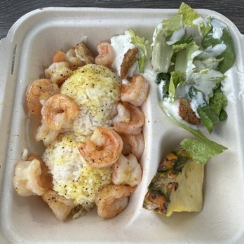 Big Wave Shrimp - Already peeled Lemon pepper shrimp  Romaine lettuce with ranch  Slice of pineapple - Seafood Near Me - Haleiwa, Hawaii
