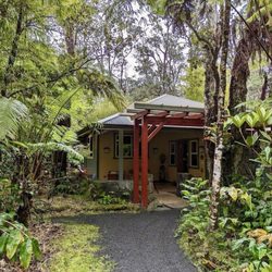 Volcano Mist Cottage - Lanai deck is furnished in teak, leather, and stone. Surrounding jungle maintains privacy for this outdoor living room.