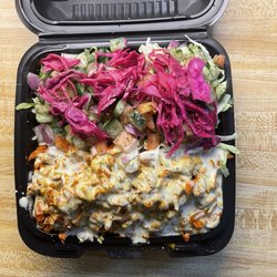 Halal Munchies - Chicken over rice, double salad instead of fries.