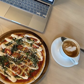 Cafe Gratitude - Margherita pizza and flat white - Vegan Near Me - Venice, California Cafe Gratitude - Margherita pizza and flat white - Vegan Near Me - Venice, California