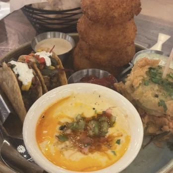 Haywire - Chefs 4 app, Onion Rings, Fried Green Tomatoes, queso and mini elk tacos - New American Near Me - San Antonio, Texas