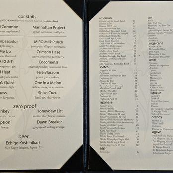 Miro Kaimuki - Cocktail menu. - Asian Fusion Near Me - Honolulu, Hawaii