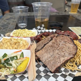 Battambong BBQ - Two meat platter - brisket and Cambodian style sausage- sides were mac, corn, and noodles - Barbeque Near Me