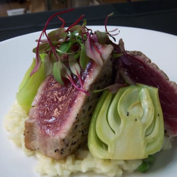 Arnold Palmer's Restaurant - Chef Ivan Flowers' Seared Ahi, Sweet Pea Risotto, Gastrique Bok Choy - American Near Me - La Quinta, California Arnold Palmer's Restaurant - Chef Ivan Flowers' Seared Ahi, Sweet Pea Risotto, Gastrique Bok Choy - American Near Me - La Quinta, California