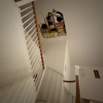 The Local Plumber - Tenant came home to the ceiling, collapsed over staircase. Located to be the AC condensate line that clogged and the primary. - Plumbing Near Me The Local Plumber - Tenant came home to the ceiling, collapsed over staircase. Located to be the AC condensate line that clogged and the primary. - Plumbing Near Me