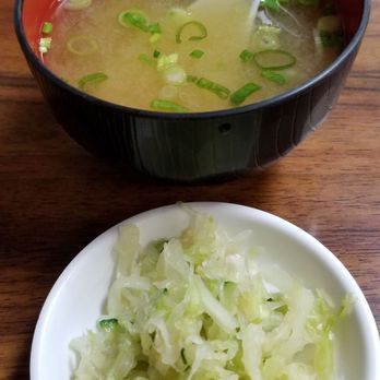 Mitsuru Cafe - My Miso Soup was tasty and filled with a lot of tiny cubed tofu. Below is the pickled cabbage and cucumber slices appetizer. - Japanese Near Me - Los Angeles, California Mitsuru Cafe - My Miso Soup was tasty and filled with a lot of tiny cubed tofu. Below is the pickled cabbage and cucumber slices appetizer. - Japanese Near Me - Los Angeles, California