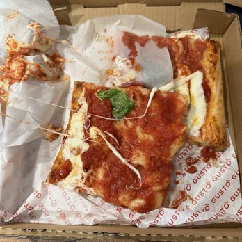 Gusto Mio - Margherita (cheese coming off of cover paper) - Pizza Near Me - Walnut Creek, California Gusto Mio - Margherita (cheese coming off of cover paper) - Pizza Near Me - Walnut Creek, California