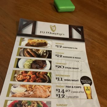 PJ Murphy’s - a menu for a restaurant - Irish Near Me - Kingston, Ontario