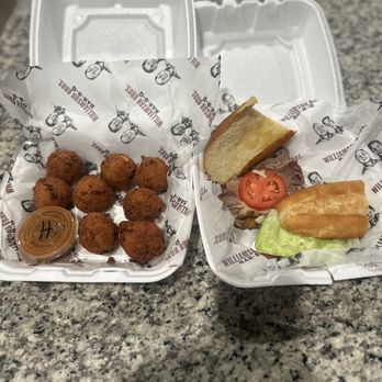 Williamson Brothers Bar-B-Q - Brisket Hoagie Sandwich & Hush Puppies with Honey BBQ Sauce. - Barbeque Near Me - Marietta, Georgia Williamson Brothers Bar-B-Q - Brisket Hoagie Sandwich & Hush Puppies with Honey BBQ Sauce. - Barbeque Near Me - Marietta, Georgia