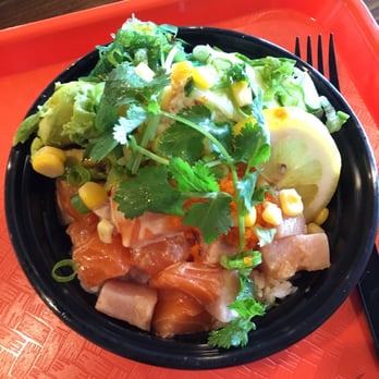 Poke n Salad - 1 salmon 1 yellowtail scoop, white rice, sesame shoyu sauce, topped with avocado, cucumber, crabmeat, seaweed, & green onion! - Poke Near Me - Temecula, California Poke n Salad - 1 salmon 1 yellowtail scoop, white rice, sesame shoyu sauce, topped with avocado, cucumber, crabmeat, seaweed, & green onion! - Poke Near Me - Temecula, California